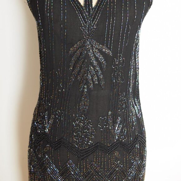 vintage 80s flapper dress black silk sequin beaded cutout cocktail party prom XS - Picture 3 of 10